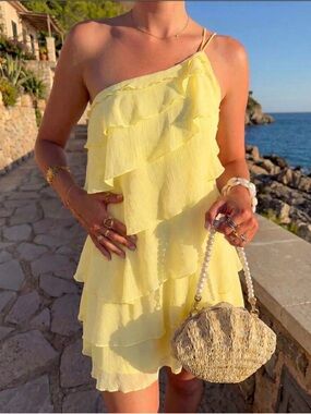 EGO Yellow One-Shoulder Ruffle Mini Dress